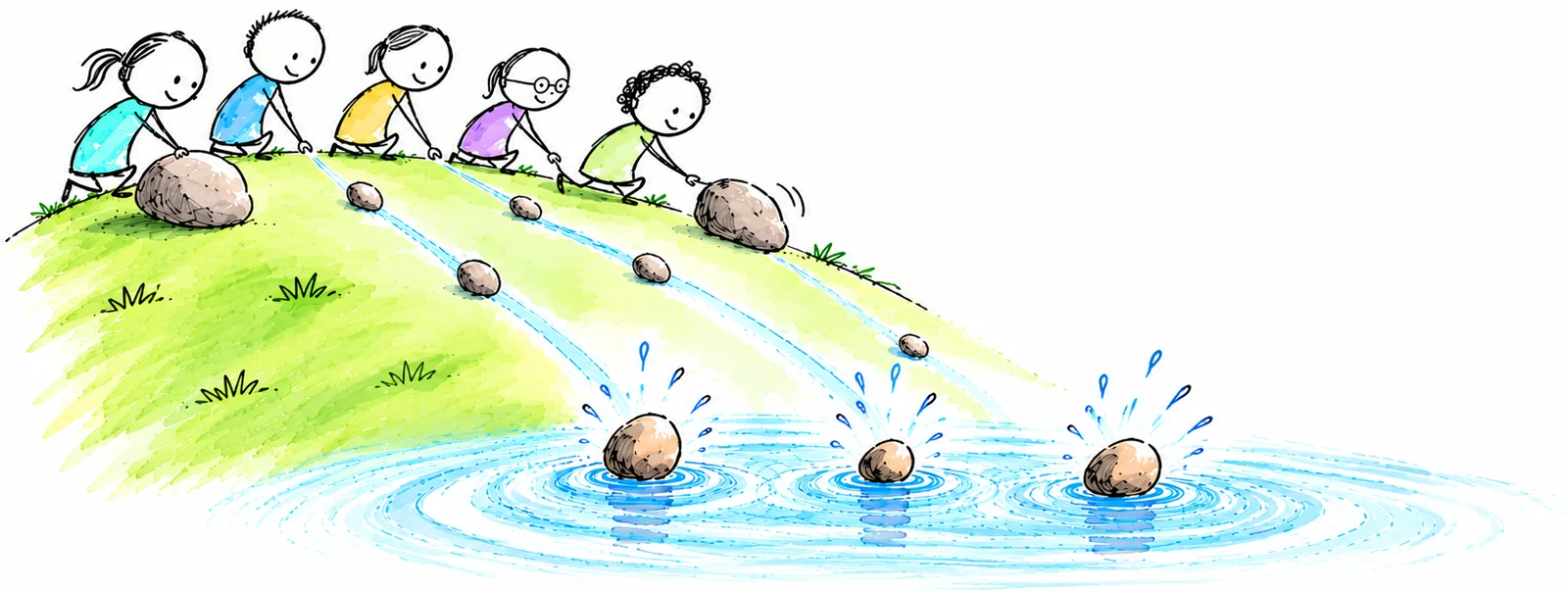Illustration: Fünf Kinder rollen Steine einen grünen Hang hinunter ins Wasser, wo die Steine weite Kreise ziehen.